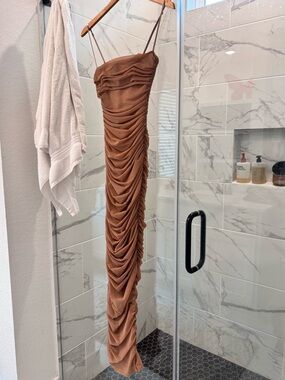 House of CB Brown Ruched Maxi Dress with Spaghetti Straps